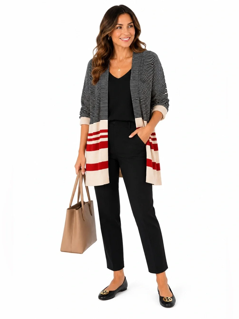 Striped Open Front Short Sleeve Cardigan - Picture 1 of 8